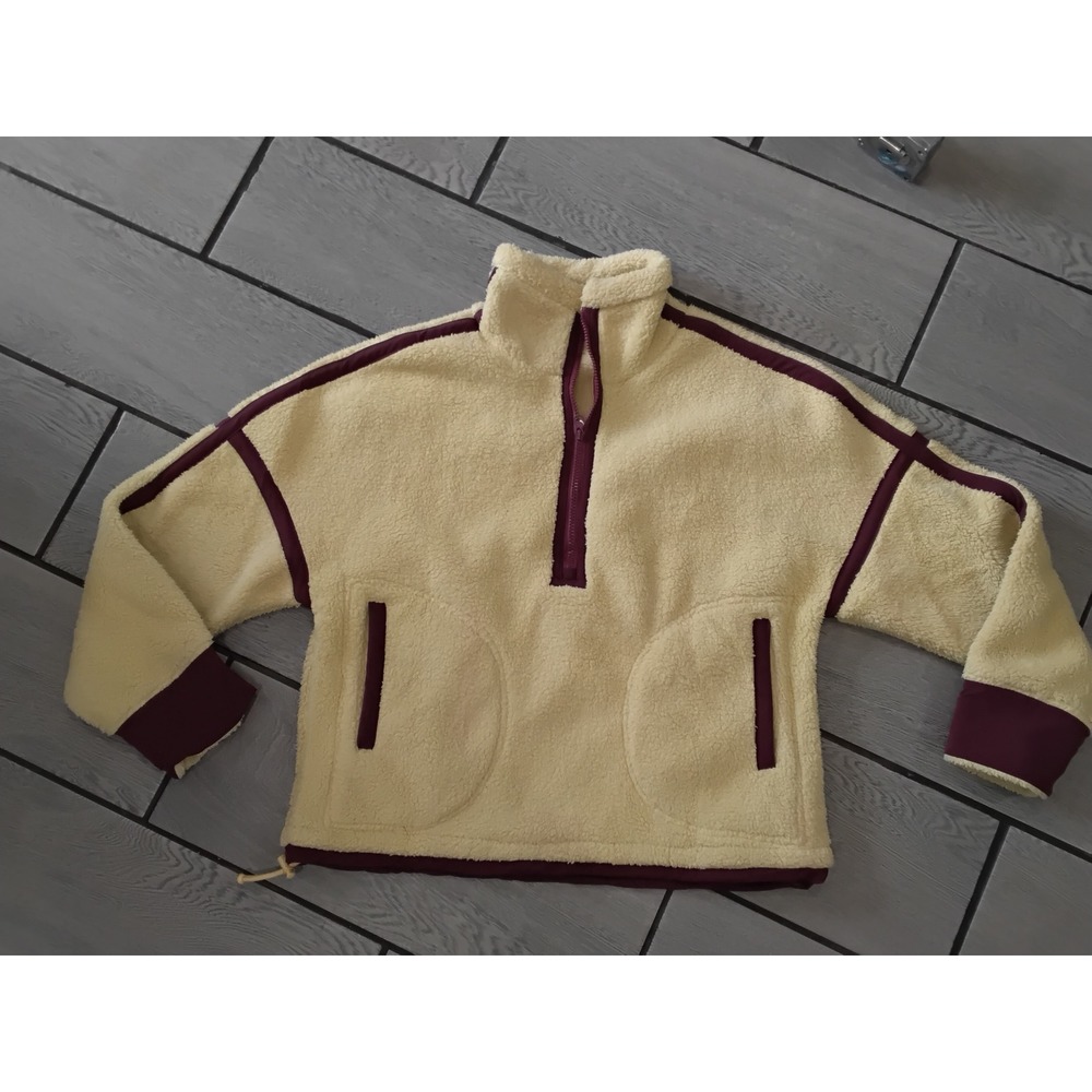Sherpa Fleece Quarter Zip Pullover Cream Burgundy Teddy Jacket Small QX-1081